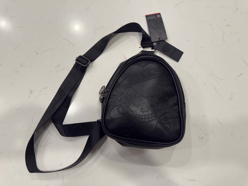 Ed Hardy Black Embossed Skull Heart Crossbody Sling Bag New with Tags